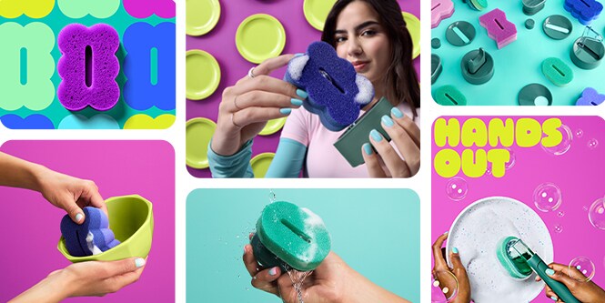Collage d'images Brite by Scotch-Brite™ présentant des éponges à récurer avec et sans support, ainsi que des éponges à manche, sur des fonds lumineux et colorés.
