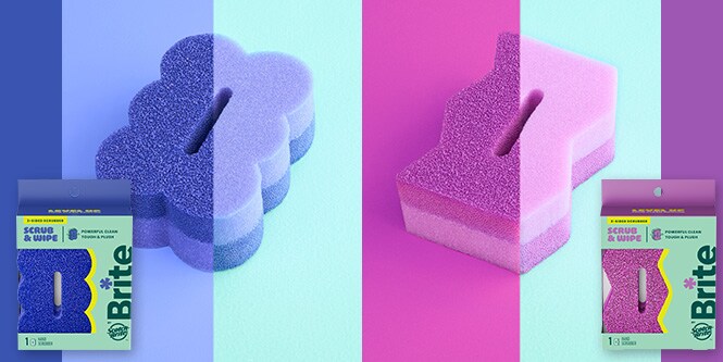 Éponges Brite by Scotch-Brite™ pour récurer et essuyer, en violet et rose.

